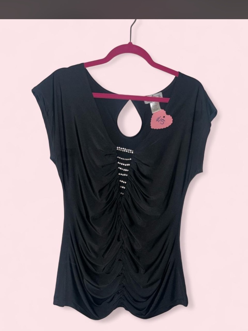 Black Womenβs Ruched Keyhole Top with Embellished Detail
